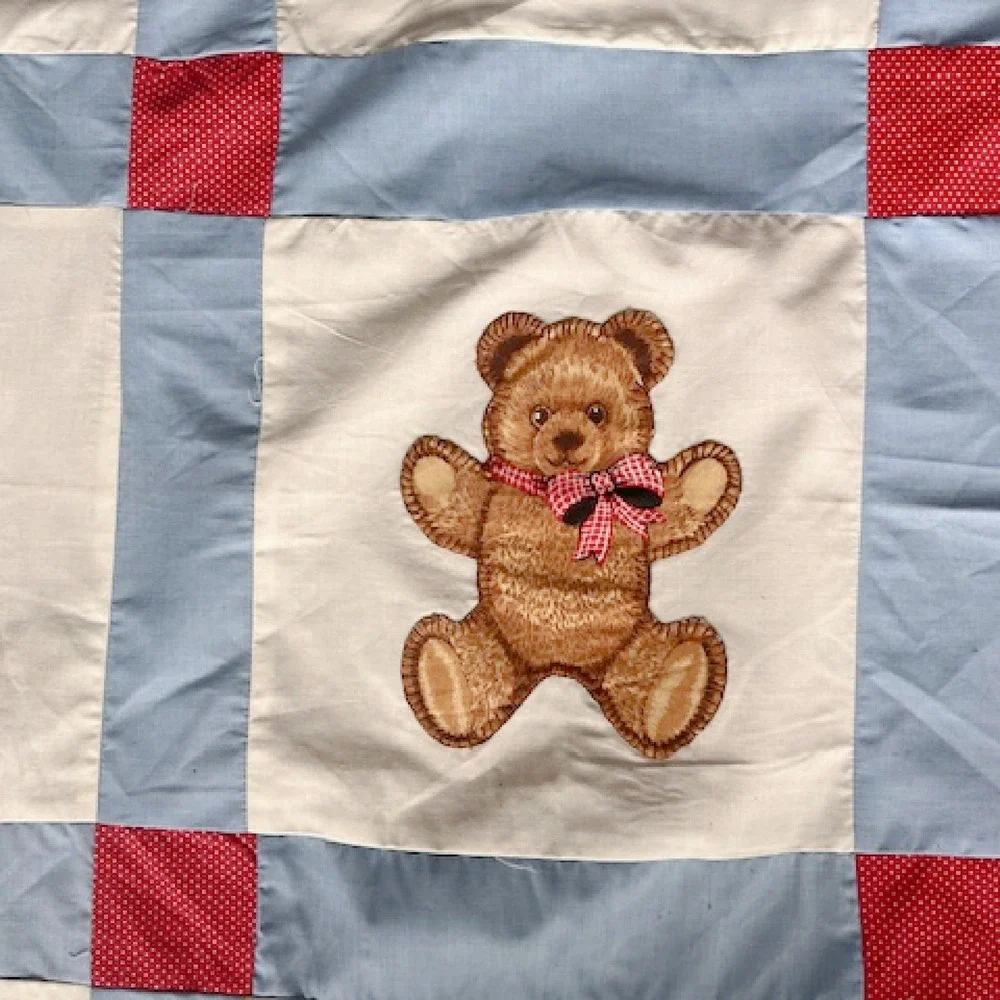 Teddy Bear‎ and Heart Quilt top blue and red